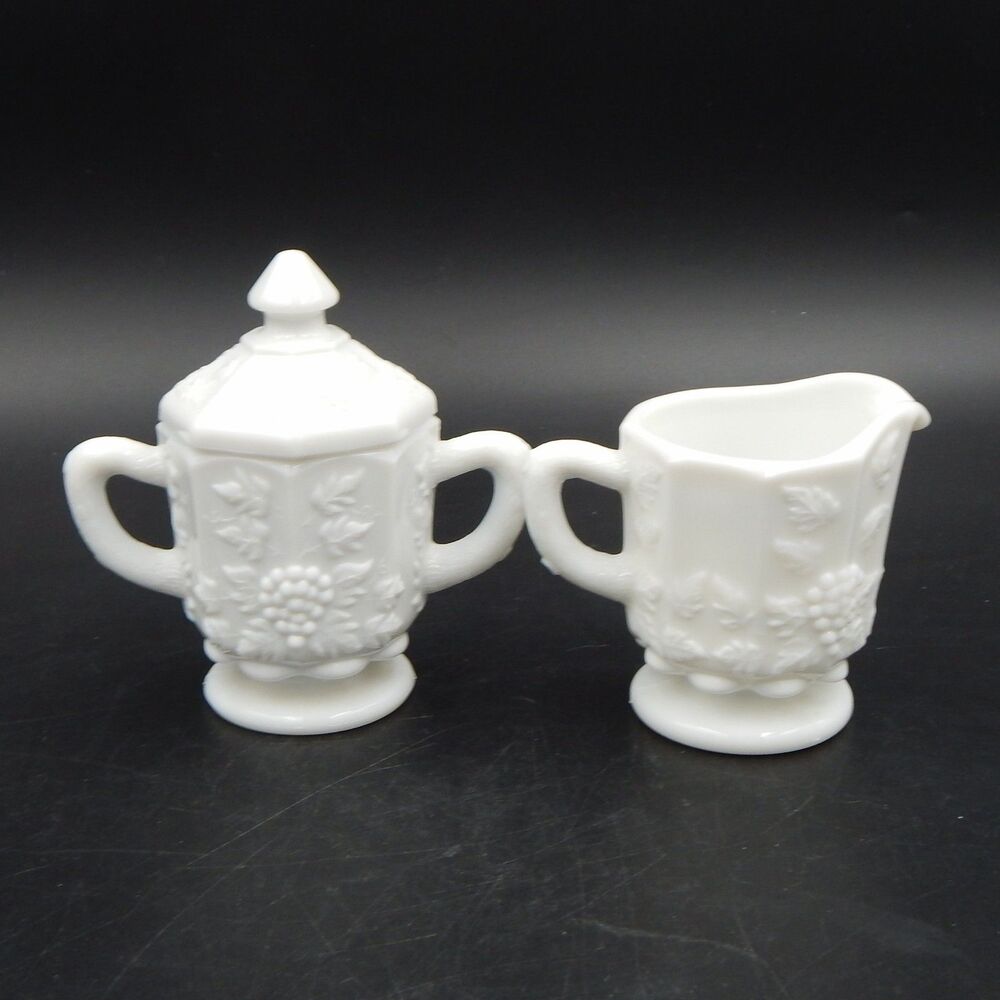 Westmoreland Paneled Grapes White Milk Glass Lidded Sugar Bowl & Creamer Set - Picture 3 of 9